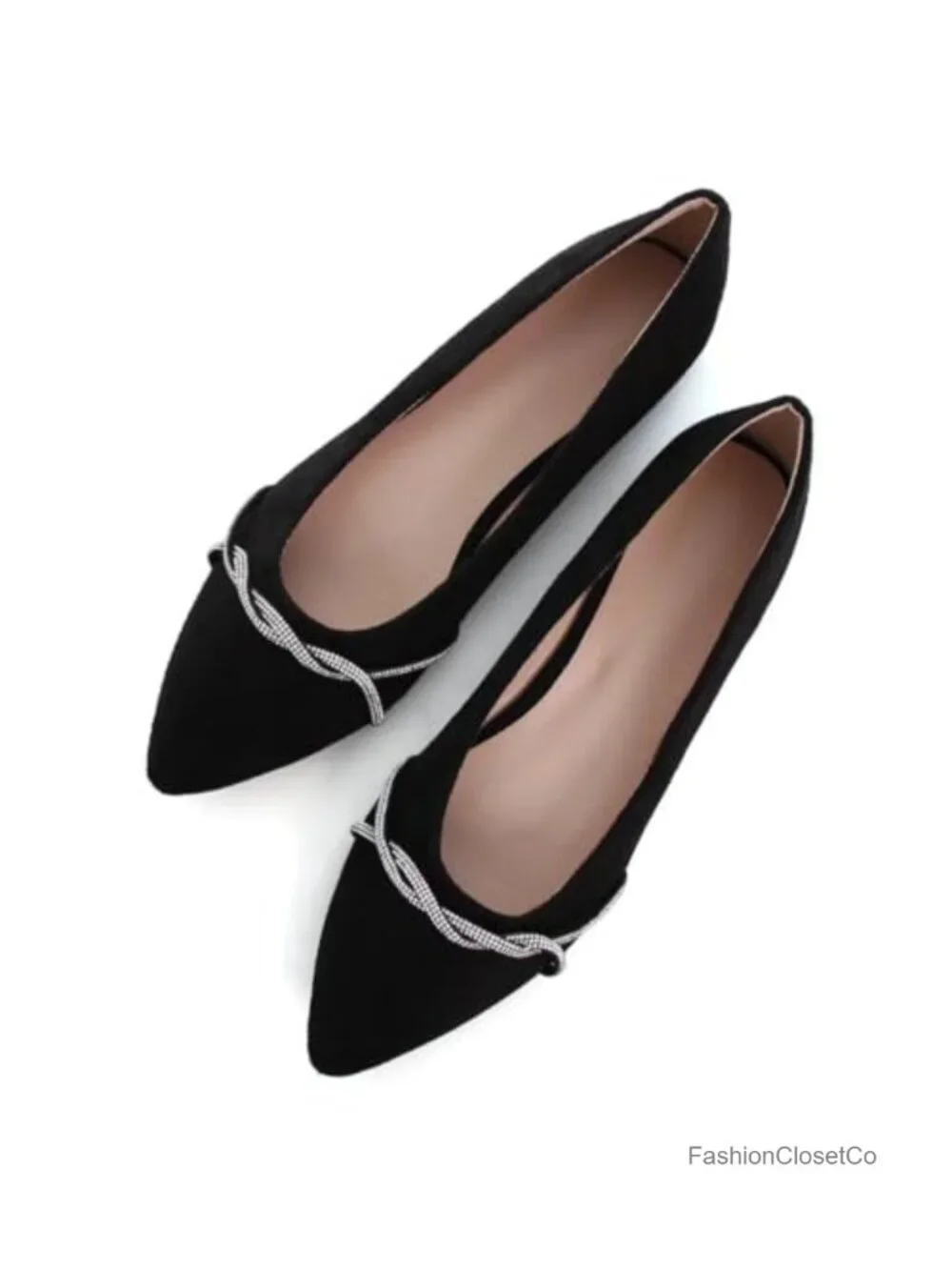 Womens Suede Pointed Toe Rhinestone Ballet Flats Slip On Comfort Dress Shoes - Picture 1 of 6